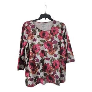 Croft & Barrow Womens 2X Shirt Top Floral Grey Pink 3/4 Sleeve Blouse Soft